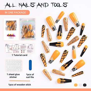 Artquee 24pcs Halloween Press on Nails Orange Glossy Long Coffin Fake Nail Art Black Spider Web Gold Glitter Designs Ballerina False Nails Acrylic Stick On Nails Tips for Women
