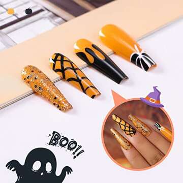Artquee 24pcs Halloween Press on Nails Orange Glossy Long Coffin Fake Nail Art Black Spider Web Gold Glitter Designs Ballerina False Nails Acrylic Stick On Nails Tips for Women