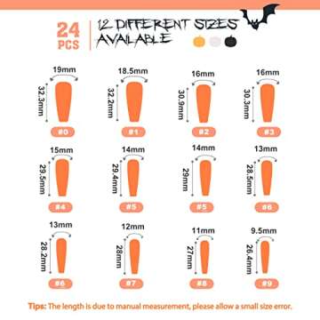 Artquee 24pcs Halloween Press on Nails Orange Glossy Long Coffin Fake Nail Art Black Spider Web Gold Glitter Designs Ballerina False Nails Acrylic Stick On Nails Tips for Women