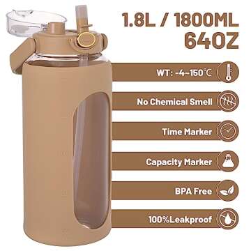 Moretoes 64oz Glass Water Bottle, Glass Bottle with Silicone Sleeve and Time Marker for Gym Home Office (Amber)