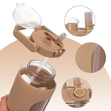 Moretoes 64oz Glass Water Bottle, Glass Bottle with Silicone Sleeve and Time Marker for Gym Home Office (Amber)