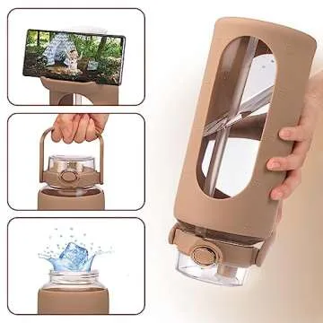 Moretoes 64oz Glass Water Bottle, Glass Bottle with Silicone Sleeve and Time Marker for Gym Home Office (Amber)