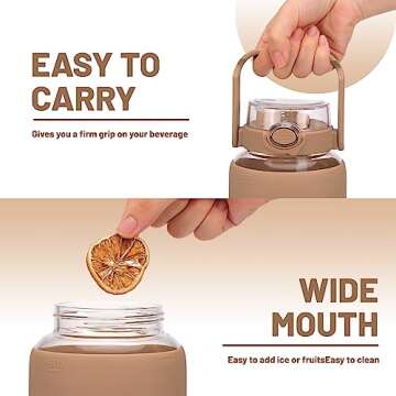 Moretoes 64oz Glass Water Bottle, Glass Bottle with Silicone Sleeve and Time Marker for Gym Home Office (Amber)