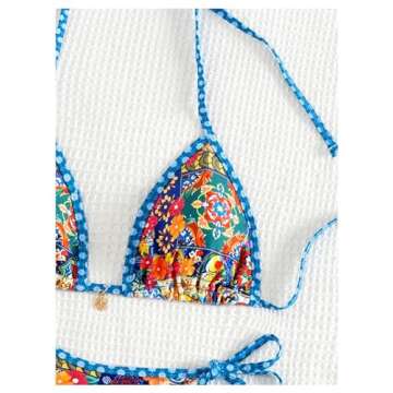 BEAUDRM Women's 2 Piece Floral Bikini Boho Halter Triangle Bikini Set Tie Back Swimsuit Bathing Suit Beachwear Swimwear Multicolor Small