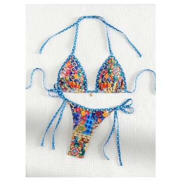 BEAUDRM Women's 2 Piece Floral Bikini Boho Halter Triangle Bikini Set Tie Back Swimsuit Bathing Suit Beachwear Swimwear Multicolor Small