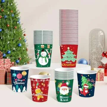 BYMIOYA 48 Pcs 9oz Christmas Paper Cups, Disposable Cups with 6 Designs Including Santa Claus, Christmas Trees, etc. Perfect for Xmas Party Drinks, Coffee, and Wine, for Christmas Night Decorations