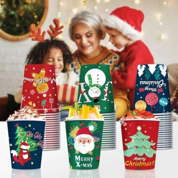 BYMIOYA 48 Pcs 9oz Christmas Paper Cups, Disposable Cups with 6 Designs Including Santa Claus, Christmas Trees, etc. Perfect for Xmas Party Drinks, Coffee, and Wine, for Christmas Night Decorations