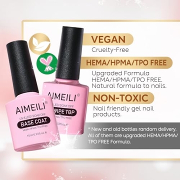 AIMEILI Gel Nail Polish Hema Free No Wipe Top and Base Coat Set, Cruelty Free, Vegan, Shine Finish and Long Lasting, Soak Off Gel Nail Lacquer - 2 x 10ml
