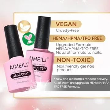 AIMEILI Gel Nail Polish Hema Free No Wipe Top and Base Coat Set, Cruelty Free, Vegan, Shine Finish and Long Lasting, Soak Off Gel Nail Lacquer - 2 x 10ml