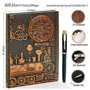 Vintage Train Embossed Leather Writing Journal Notebook with Pen Set,Antique Handmade Daily Notepad ...