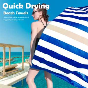 Your Choice Microfiber Quick Dry Sand-Free Beach Towel for Adults & Kids - Oversized, Compact, Lightweight, Absorben - Khaki and Dark Blue Stripe, Extra Large Beach Towel 67x35