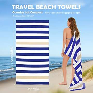 Your Choice Microfiber Quick Dry Sand-Free Beach Towel for Adults & Kids - Oversized, Compact, Lightweight, Absorben - Khaki and Dark Blue Stripe, Extra Large Beach Towel 67x35