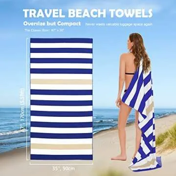 Your Choice Microfiber Quick Dry Sand-Free Beach Towel for Adults & Kids - Oversized, Compact, Lightweight, Absorben - Khaki and Dark Blue Stripe, Extra Large Beach Towel 67x35