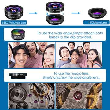 KINGMAS 7-in-1 Phone Camera Lens Kits, Universal Zoom 2X Telephoto Lens + 198° Fisheye Lens + 0.63X Wide Angle Lens + 15X Macro Lens + CPL + Kaleidoscope Lens + Starburst Lens with Zipper Bag
