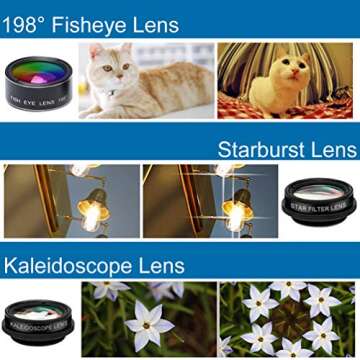 KINGMAS 7-in-1 Phone Camera Lens Kits, Universal Zoom 2X Telephoto Lens + 198° Fisheye Lens + 0.63X Wide Angle Lens + 15X Macro Lens + CPL + Kaleidoscope Lens + Starburst Lens with Zipper Bag