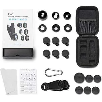 KINGMAS 7-in-1 Phone Camera Lens Kits, Universal Zoom 2X Telephoto Lens + 198° Fisheye Lens + 0.63X Wide Angle Lens + 15X Macro Lens + CPL + Kaleidoscope Lens + Starburst Lens with Zipper Bag