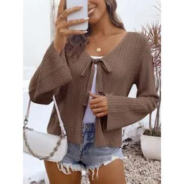 Saodimallsu Women's Summer Crochet Lightweight Cardigans - Tie Front Mesh Knit Long Sleeve Casual V ...