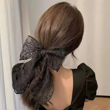 Large Black Lace Hair Bow Clips for Women Cottagecore Hair Accessories Cute Tulle Bow Barrettes Women Ribbon Bows for Baby Girls Hair Bridal Black