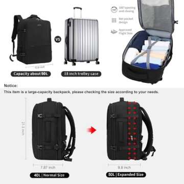 MOLNIA 50L Expandable Travel Backpack for Men Women, Carry On Backpack Airline Approved, Suitcase Ba...