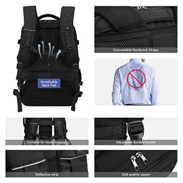 MOLNIA 50L Expandable Travel Backpack for Men Women, Carry On Backpack Airline Approved, Suitcase Backpack with Packing Cubes, Water Resistant Luggage Backpack Daypack Weekender Bag, Black