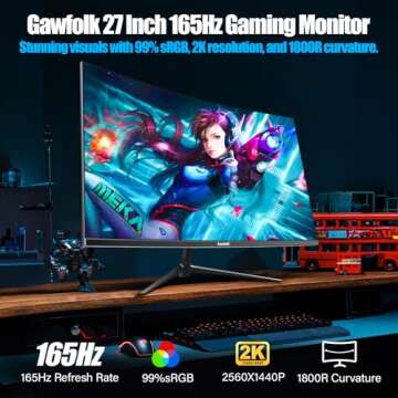 Gawfolk 2K 165Hz Curved Monitor, 27 Inch QHD 2560x1440p 144Hz Gaming Monitor with AMD FreeSync, Flic...