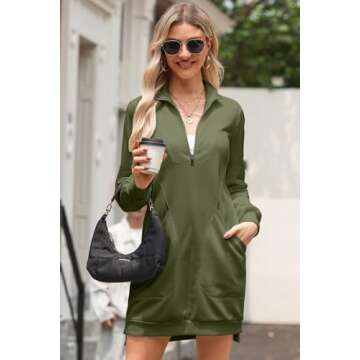 AlvaQ Fall Dresses for Women 2024 Half Zip V Neck Long Sleeve Sweatshirt Mini Dress with Pockets Green Medium