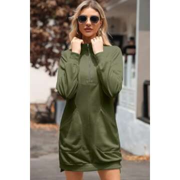 AlvaQ Fall Dresses for Women 2024 Half Zip V Neck Long Sleeve Sweatshirt Mini Dress with Pockets Green Medium