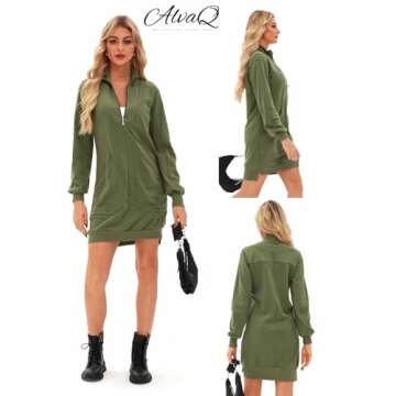 AlvaQ Fall Dresses for Women 2024 Half Zip V Neck Long Sleeve Sweatshirt Mini Dress with Pockets Green Medium