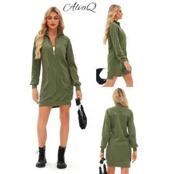 AlvaQ Fall Dresses for Women 2024 Half Zip V Neck Long Sleeve Sweatshirt Mini Dress with Pockets Green Medium