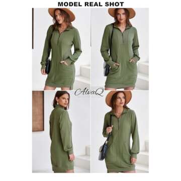 AlvaQ Fall Dresses for Women 2024 Half Zip V Neck Long Sleeve Sweatshirt Mini Dress with Pockets Green Medium