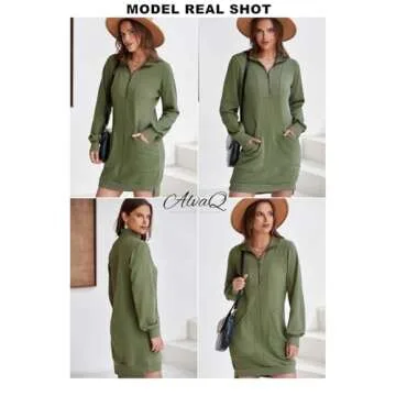 AlvaQ Fall Dresses for Women 2024 Half Zip V Neck Long Sleeve Sweatshirt Mini Dress with Pockets Green Medium