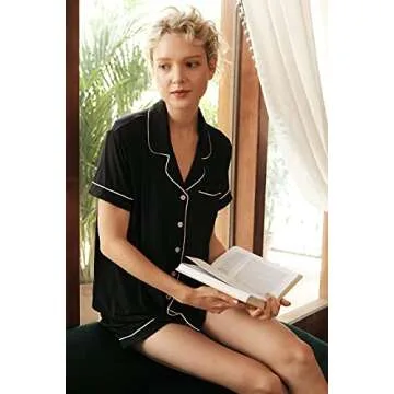 Yoolfine Womens Pajama Sets Short Sleeve Sleepwear Soft Button Down Nightwear Lounge Pj Set,Medium,Black