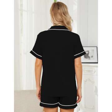 Yoolfine Womens Pajama Sets Short Sleeve Sleepwear Soft Button Down Nightwear Lounge Pj Set,Medium,Black