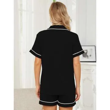 Yoolfine Womens Pajama Sets Short Sleeve Sleepwear Soft Button Down Nightwear Lounge Pj Set,Medium,Black