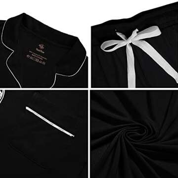 Yoolfine Womens Pajama Sets Short Sleeve Sleepwear Soft Button Down Nightwear Lounge Pj Set,Medium,Black