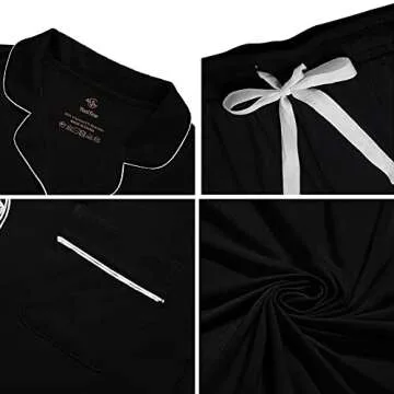 Yoolfine Womens Pajama Sets Short Sleeve Sleepwear Soft Button Down Nightwear Lounge Pj Set,Medium,Black
