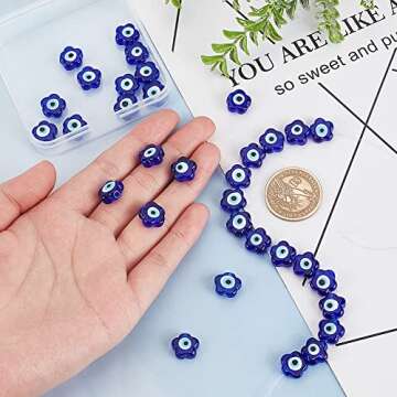 DICOSMETIC 33Pcs Flower Glass Beads Dark Blue Evil Eye Charms Glass Beads Lampwork Beads Strands Flat Loose Beads Small Spacer Beads for DIY Crafts Jewelry Making, Hole: 1.6mm