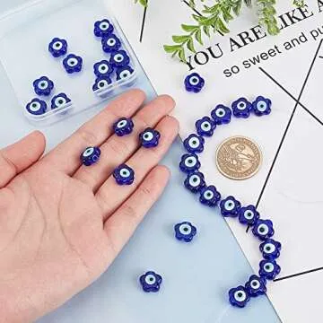 DICOSMETIC 33Pcs Flower Glass Beads Dark Blue Evil Eye Charms Glass Beads Lampwork Beads Strands Flat Loose Beads Small Spacer Beads for DIY Crafts Jewelry Making, Hole: 1.6mm