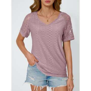 AUTOMET Womens V Neck T Shirts Short Sleeve Dressy Causal Tops Eyelet Embroidery Summer 2025 Fashion...