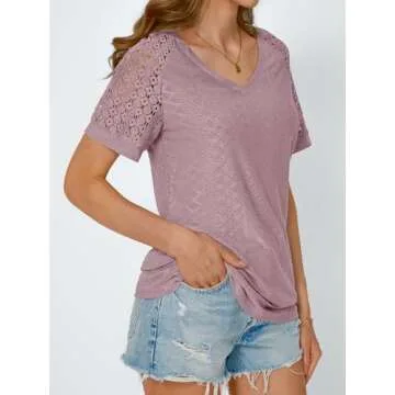 AUTOMET Womens V Neck T Shirts Short Sleeve Dressy Causal Tops Eyelet Embroidery Summer 2025 Fashion Trendy Clothes Dark Pink M