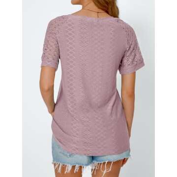 AUTOMET Womens V Neck T Shirts Short Sleeve Dressy Causal Tops Eyelet Embroidery Summer 2025 Fashion Trendy Clothes Dark Pink M