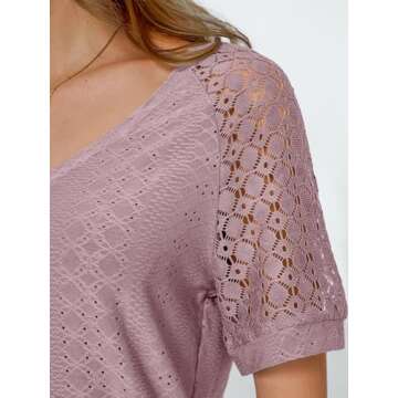 AUTOMET Womens V Neck T Shirts Short Sleeve Dressy Causal Tops Eyelet Embroidery Summer 2025 Fashion Trendy Clothes Dark Pink M