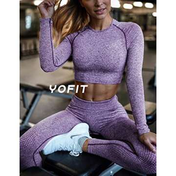 YOFIT Women's Workout Sets 2 Pieces Suits High Waisted Yoga Leggings with Stretch Seamless Long Sleeve Crop Top Purple