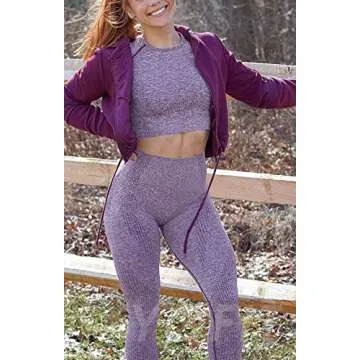 YOFIT Women's Workout Sets 2 Pieces Suits High Waisted Yoga Leggings with Stretch Seamless Long Sleeve Crop Top Purple