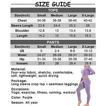 YOFIT Women's Workout Sets 2 Pieces Suits High Waisted Yoga Leggings with Stretch Seamless Long Sleeve Crop Top Purple