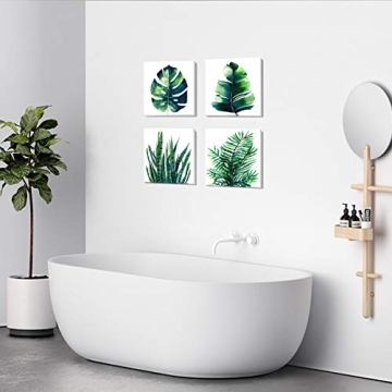 Boho Tropical Wall Art Bathroom Decor Green Plant Pictures Wall Decor for Living Room Minimalist Botanical Leaf Canvas Artworks Kitchen Sage Monstera Framed Poster Bedroom Home Decorations 12x12" 4Pcs