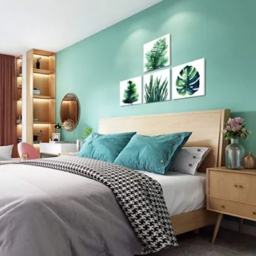 Boho Tropical Wall Art Bathroom Decor Green Plant Pictures Wall Decor for Living Room Minimalist Botanical Leaf Canvas Artworks Kitchen Sage Monstera Framed Poster Bedroom Home Decorations 12x12" 4Pcs