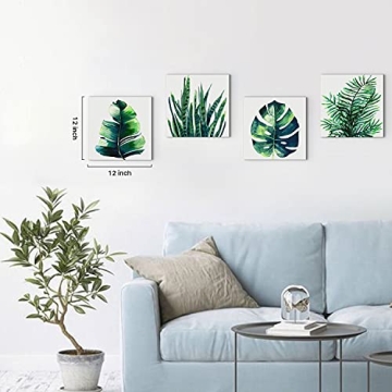 Boho Tropical Wall Art Bathroom Decor Green Plant Pictures Wall Decor for Living Room Minimalist Botanical Leaf Canvas Artworks Kitchen Sage Monstera Framed Poster Bedroom Home Decorations 12x12" 4Pcs