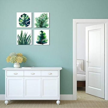 Boho Tropical Wall Art Bathroom Decor Green Plant Pictures Wall Decor for Living Room Minimalist Botanical Leaf Canvas Artworks Kitchen Sage Monstera Framed Poster Bedroom Home Decorations 12x12" 4Pcs