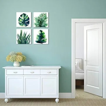 Boho Tropical Wall Art Bathroom Decor Green Plant Pictures Wall Decor for Living Room Minimalist Botanical Leaf Canvas Artworks Kitchen Sage Monstera Framed Poster Bedroom Home Decorations 12x12" 4Pcs